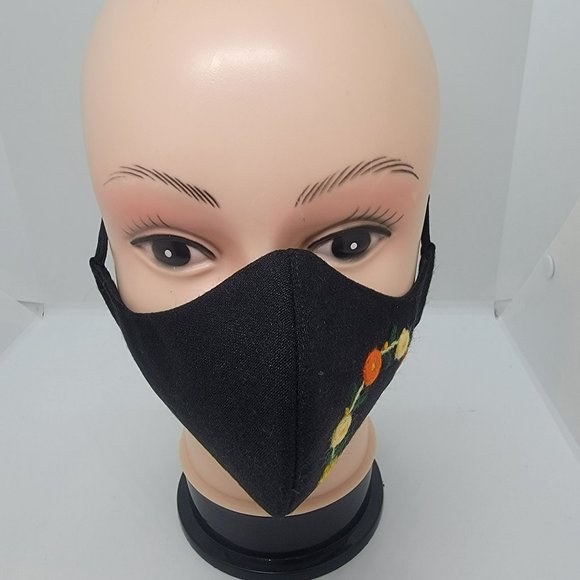 New Cover Face ear loop Women's Black Red Mask Embroidered handmade flower ring - Picture 2 of 6